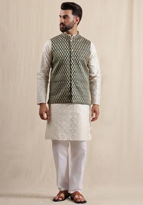 White Embroidered Silk Kurta Set For Men