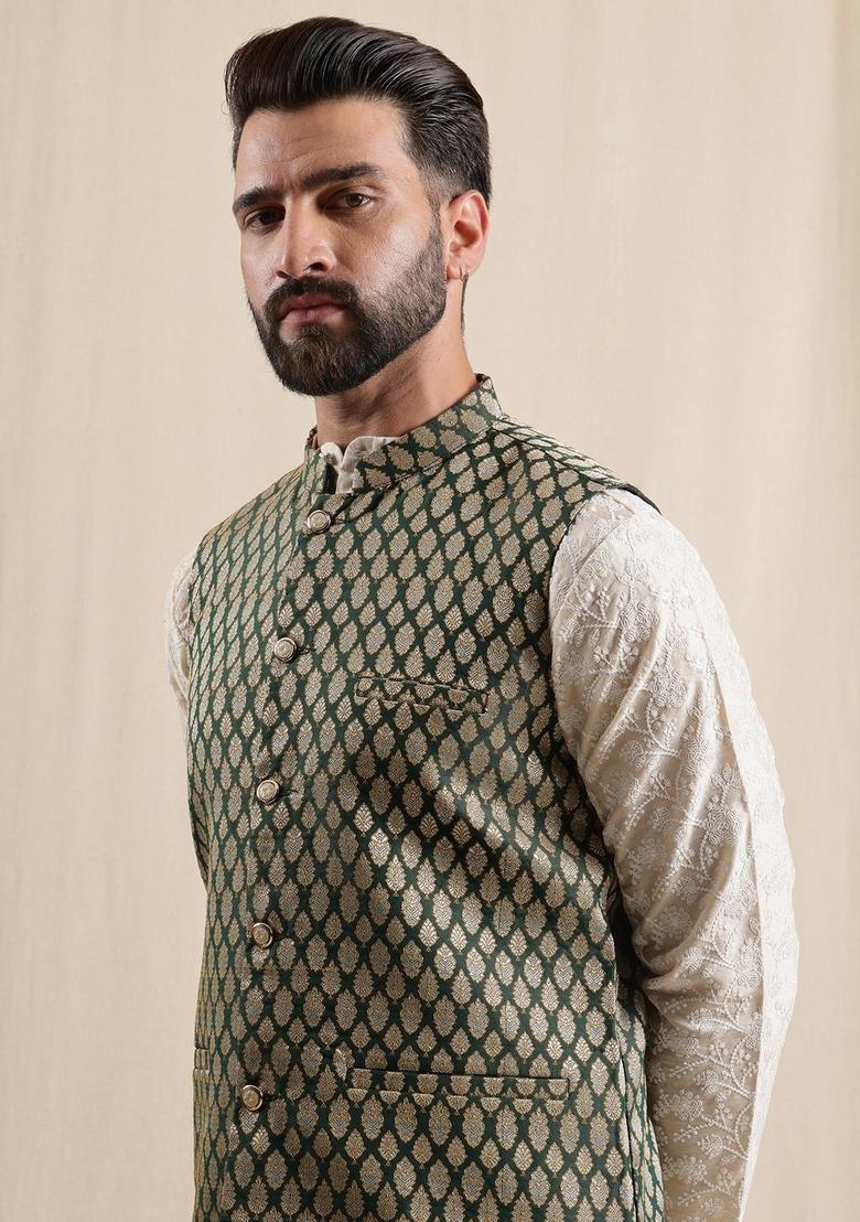 White Embroidered Silk Kurta Set For Men - Indya