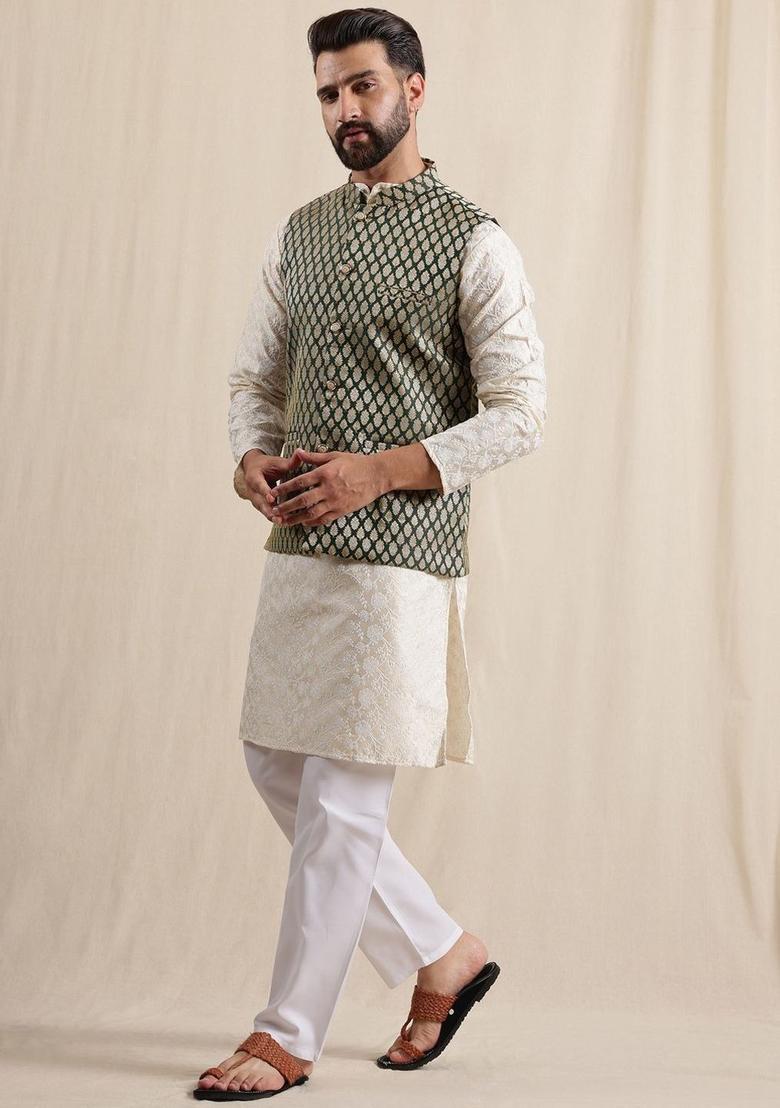 White Embroidered Silk Kurta Set For Men - Indya
