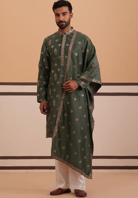 Olive Embroidered Silk Kurta Set For Men