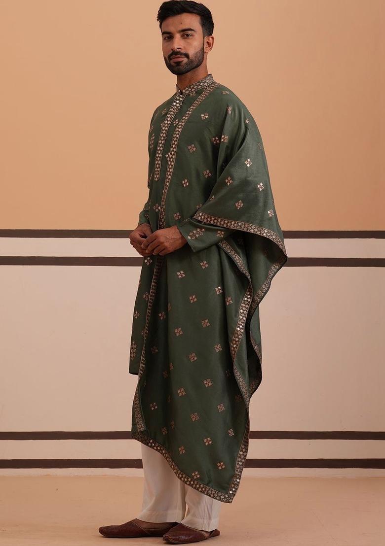 Olive Embroidered Silk Kurta Set For Men - Indya