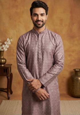 Purple Printed Silk Kurta Set For Men