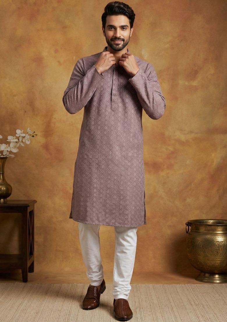 Purple Printed Silk Kurta Set For Men - Indya