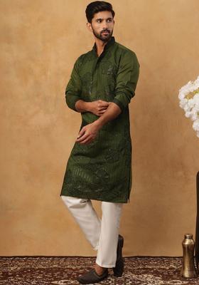 Olive Embroidered Silk Kurta Set For Men