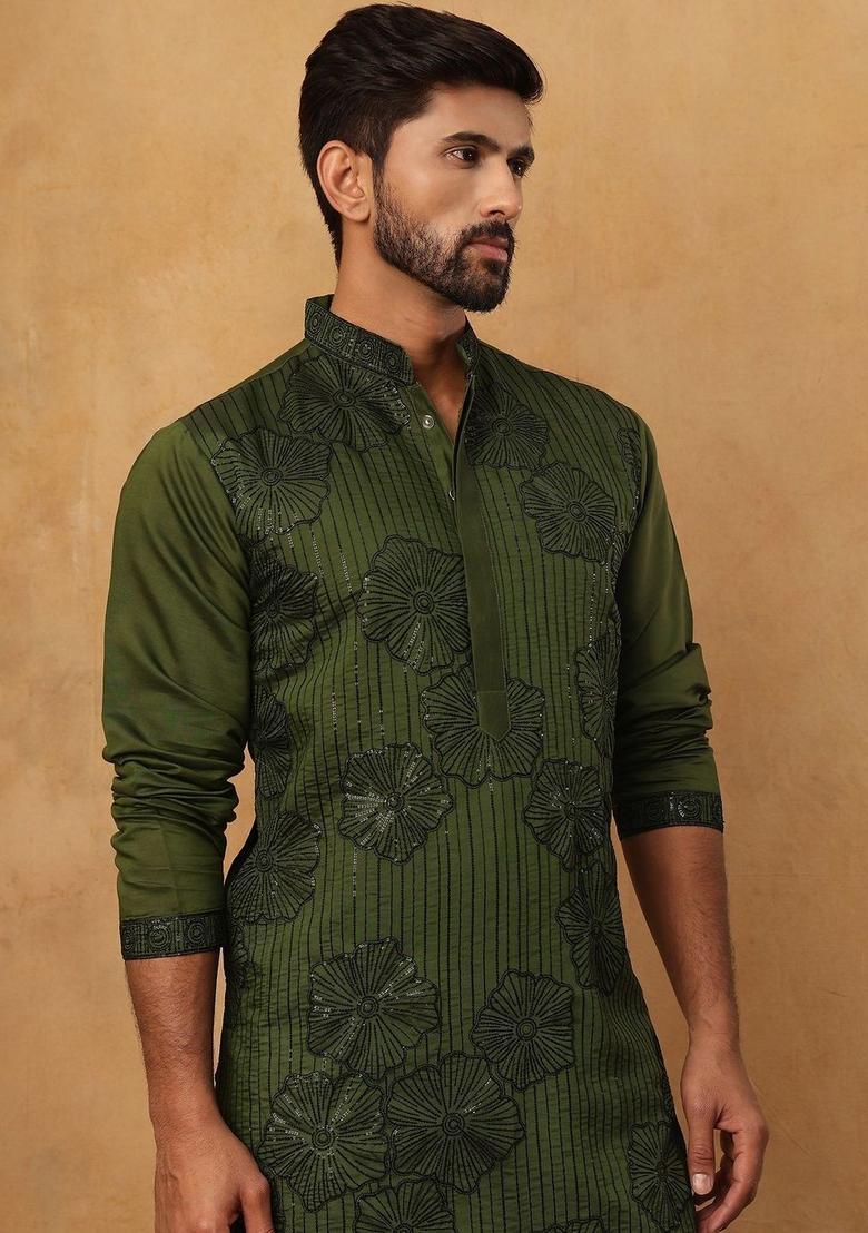 Olive Embroidered Silk Kurta Set For Men - Indya