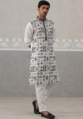 White Printed Silk Kurta Set For Men