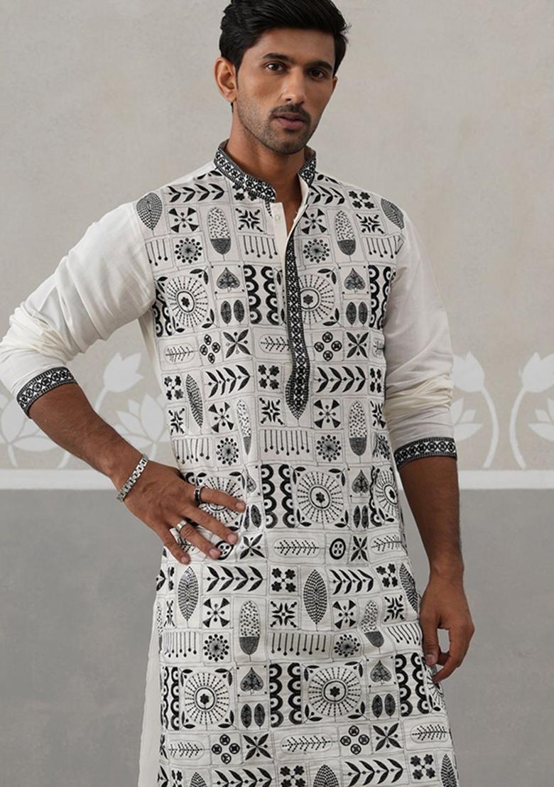 White Printed Silk Kurta Set For Men - Indya