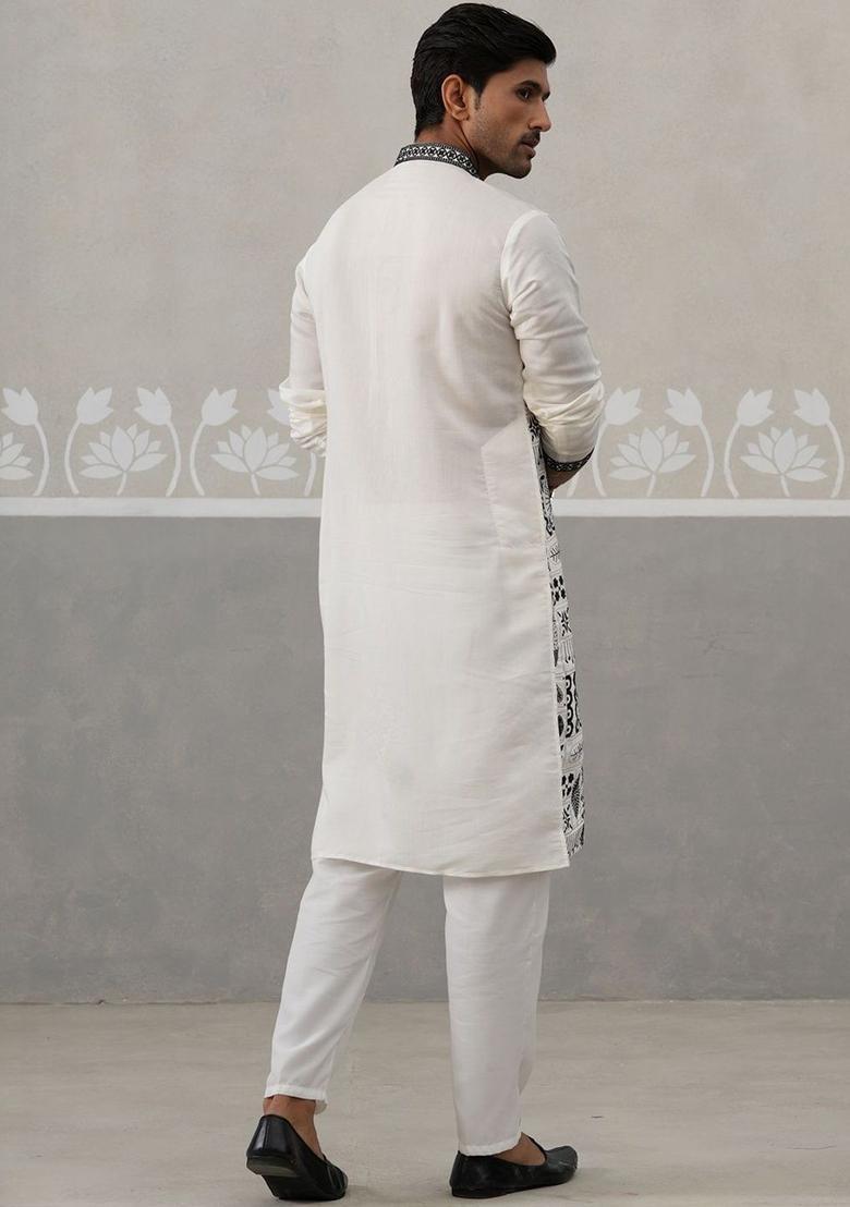White Printed Silk Kurta Set For Men - Indya