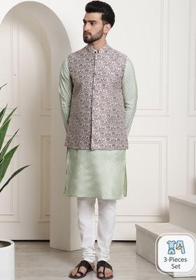 Green Woven Design Silk Kurta Set For Men