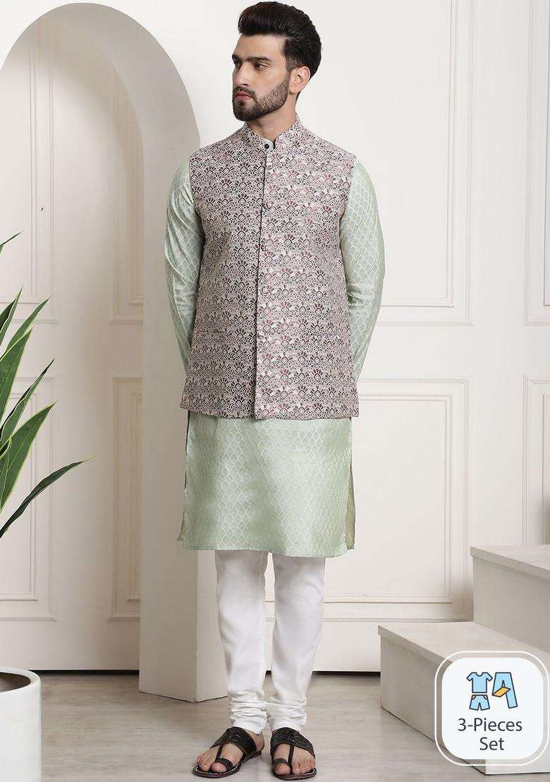 Green Woven Design Silk Kurta Set For Men - Indya