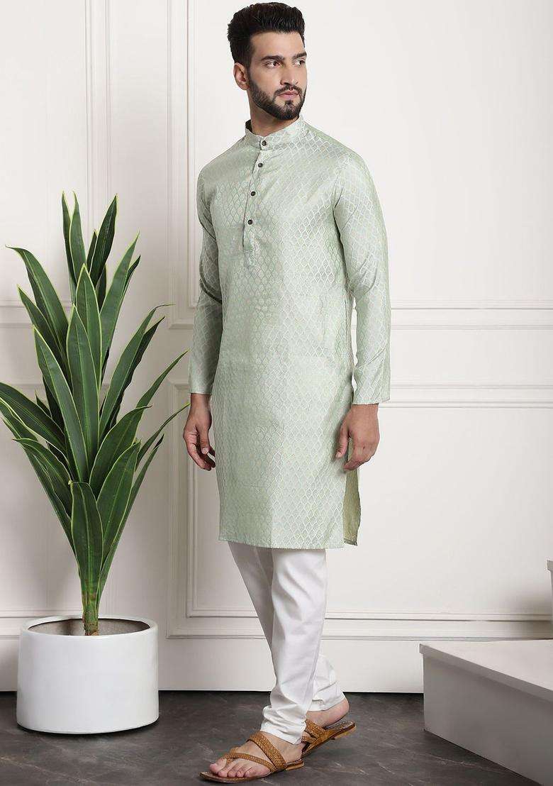 Green Woven Design Silk Kurta Set For Men - Indya