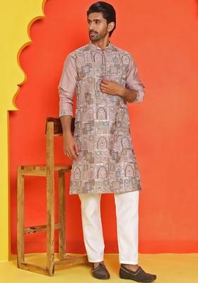 Peach Embroidered Silk Kurta Set For Men