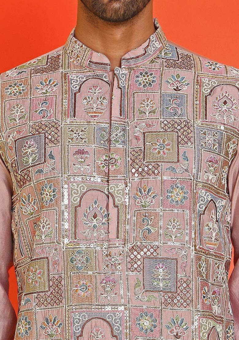 Peach Embroidered Silk Kurta Set For Men - Indya