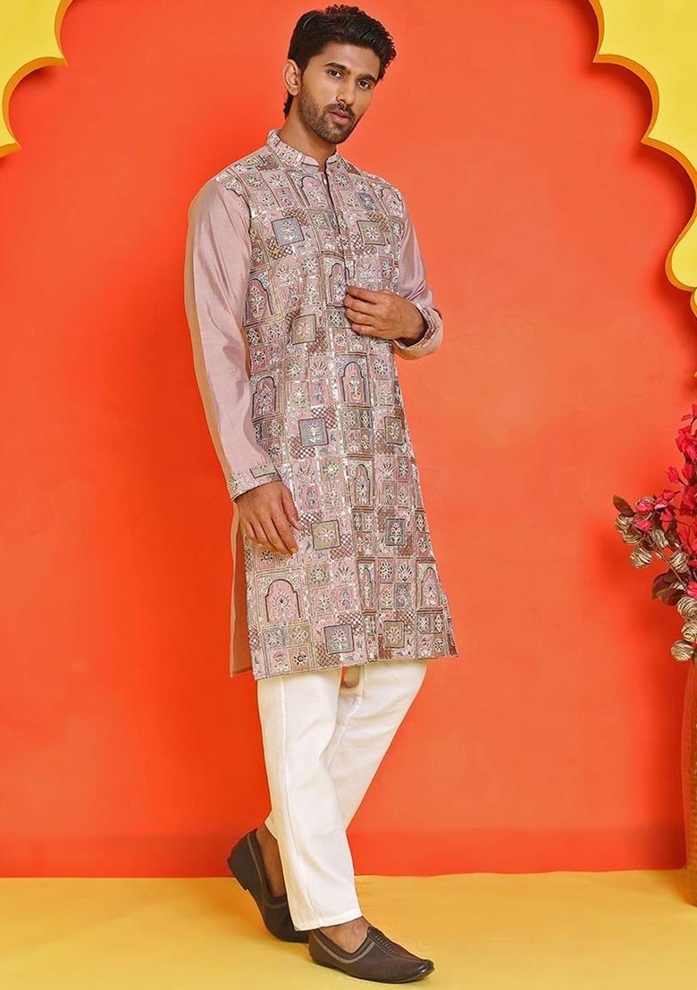 Peach Embroidered Silk Kurta Set For Men - Indya