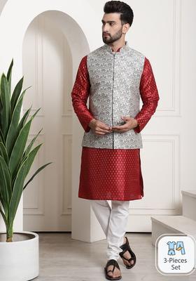 Maroon Printed Silk Kurta Set For Men