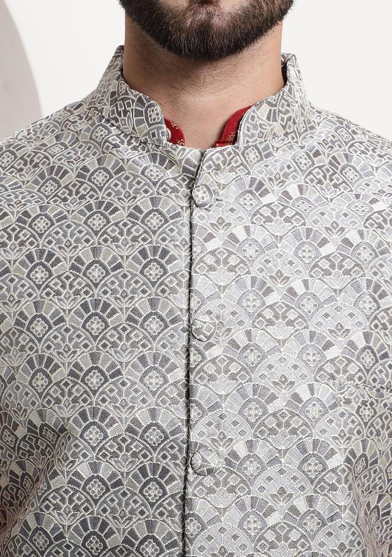 Maroon Printed Silk Kurta Set For Men - Indya