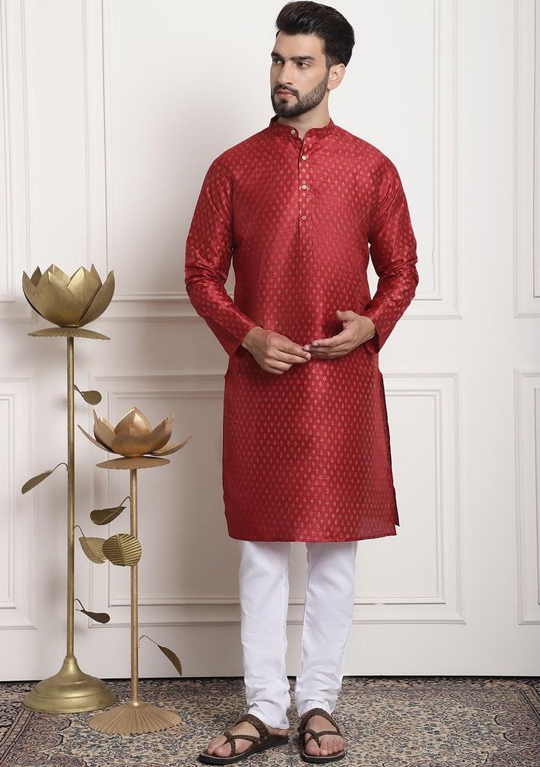 Maroon Printed Silk Kurta Set For Men - Indya