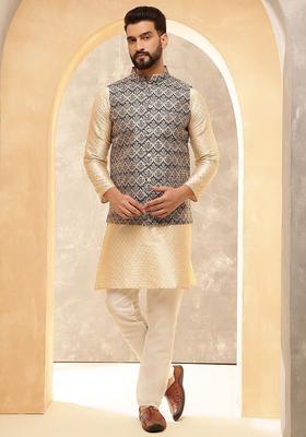 Beige Woven Design Silk Blend Kurta Set For Men