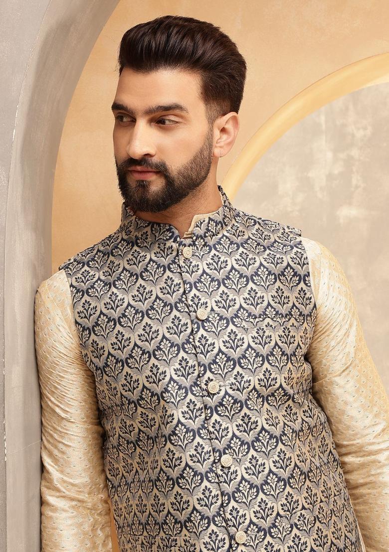 Beige Woven Design Silk Kurta Set For Men - Indya