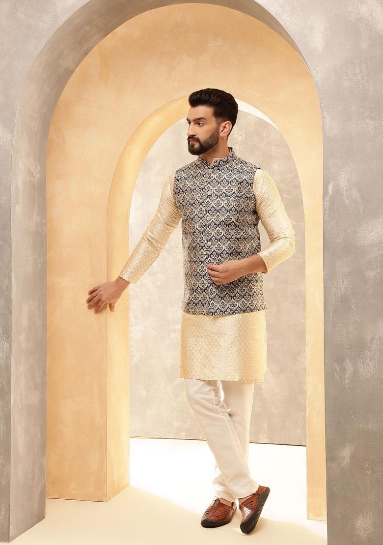 Beige Woven Design Silk Kurta Set For Men - Indya