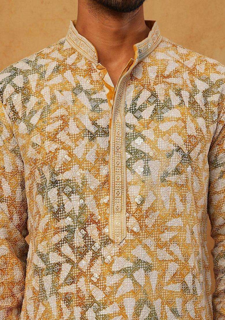Multi Embroidered Viscose Kurta Set For Men - Indya