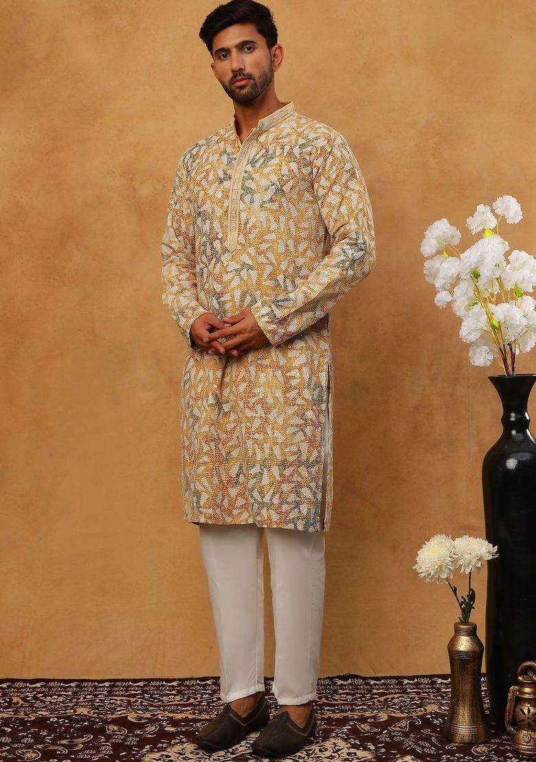 Multi Embroidered Viscose Kurta Set For Men - Indya