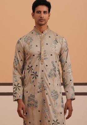 Beige Embroidered Cotton Kurta Set For Men
