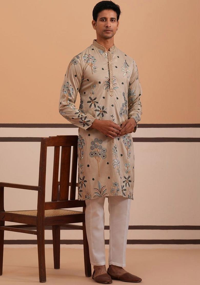 Beige Embroidered Cotton Kurta Set For Men - Indya