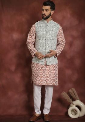Peach Embroidered Silk Kurta Set For Men