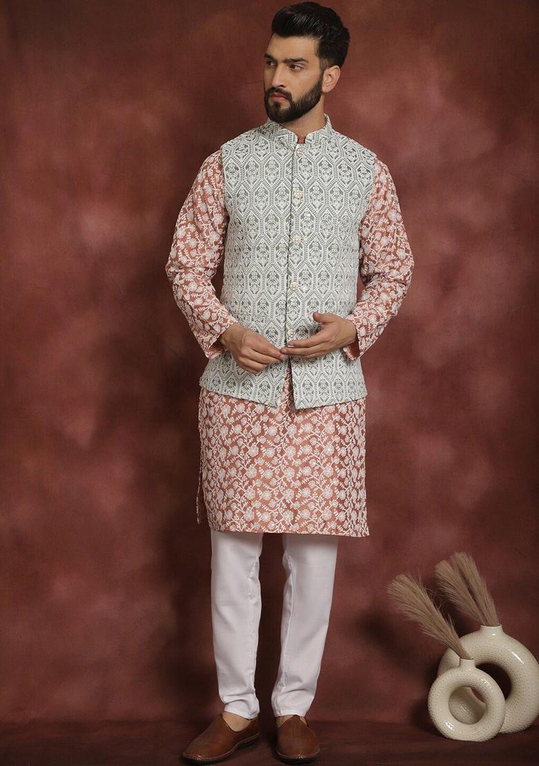 Peach Embroidered Silk Kurta Set For Men - Indya