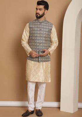 Beige Embroidered Silk Kurta Set For Men