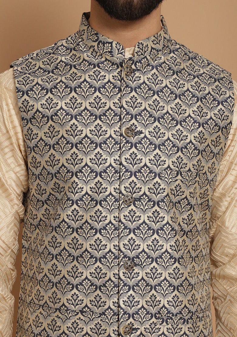Beige Embroidered Silk Kurta Set For Men - Indya