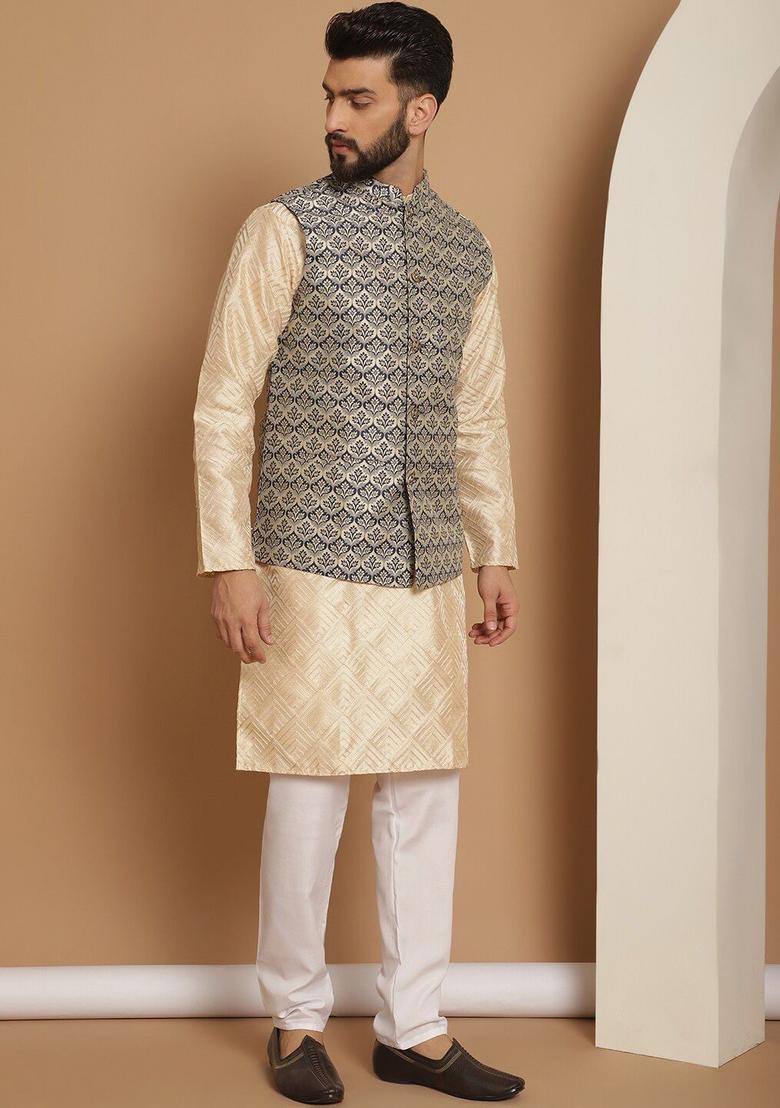 Beige Embroidered Silk Kurta Set For Men - Indya