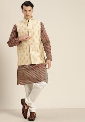 Maroon Woven Design Silk Kurta Set For Men