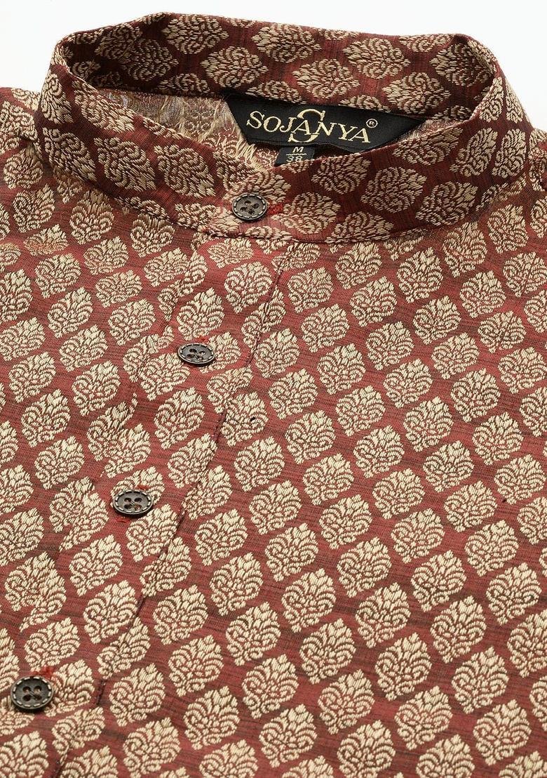 Maroon Woven Design Silk Kurta Set For Men - Indya
