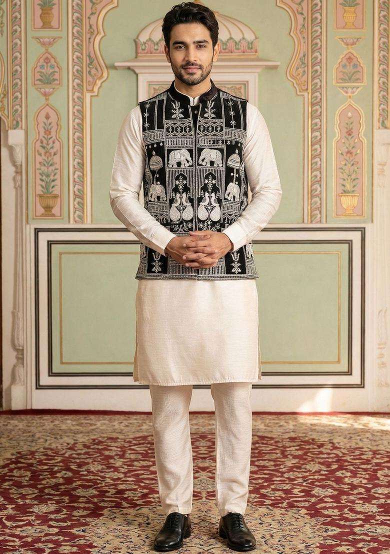 White Solid Velvet Kurta Set For Men - Indya