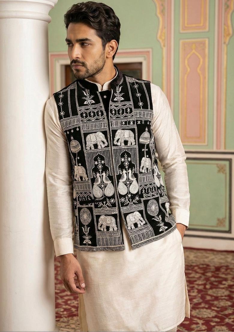 White Solid Velvet Kurta Set For Men - Indya