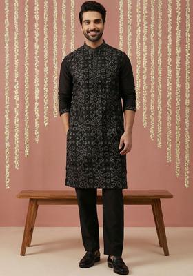 Black Printed Silk Kurta Set For Men