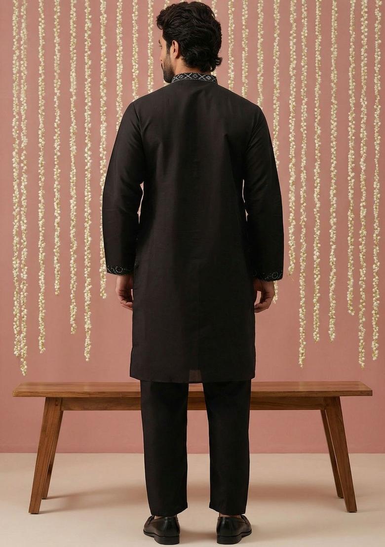 Black Printed Silk Kurta Set For Men - Indya