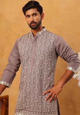 Grey Embroidered Silk Kurta Set For Men
