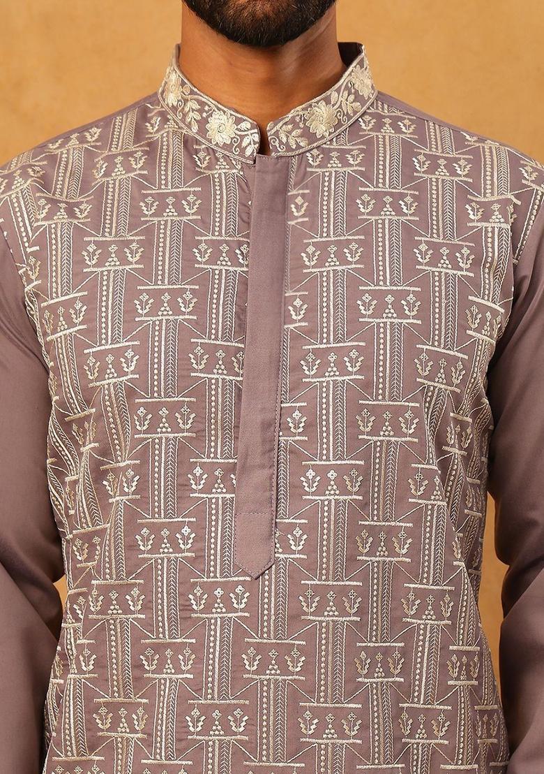 Grey Embroidered Silk Kurta Set For Men - Indya