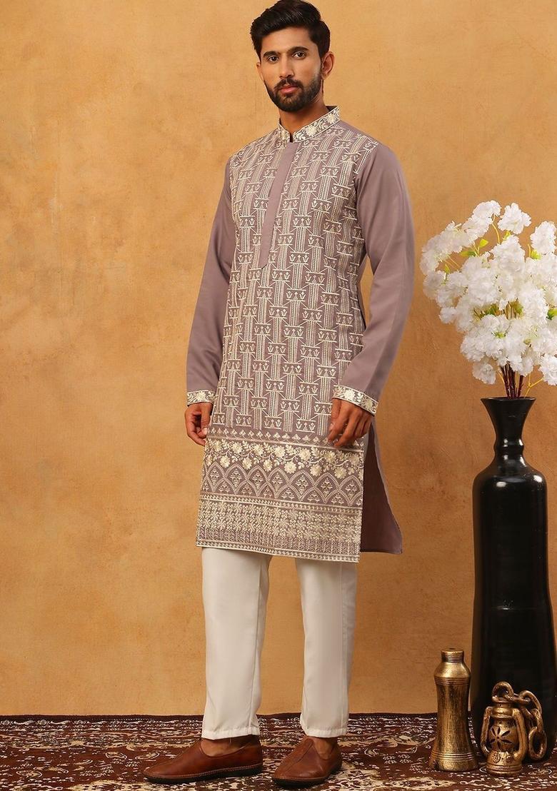 Grey Embroidered Silk Kurta Set For Men - Indya