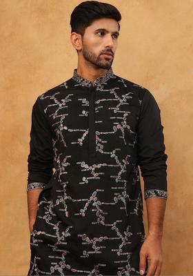 Black Printed Silk Kurta Set For Men