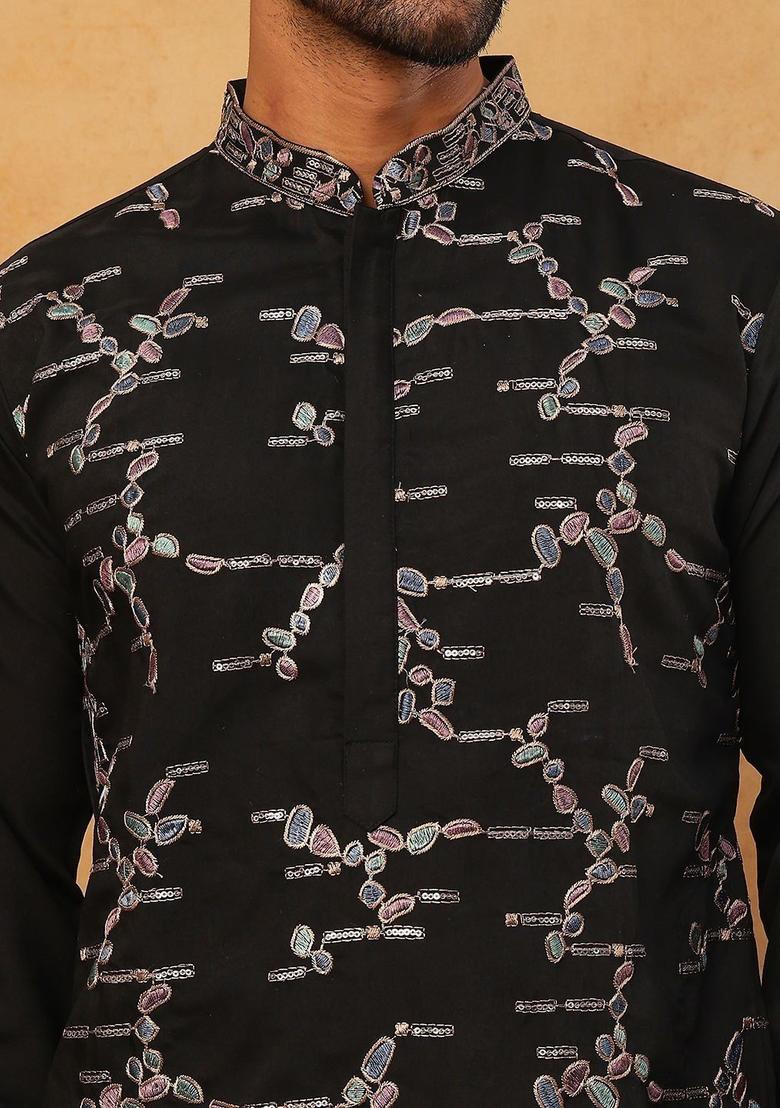 Black Printed Silk Kurta Set For Men - Indya