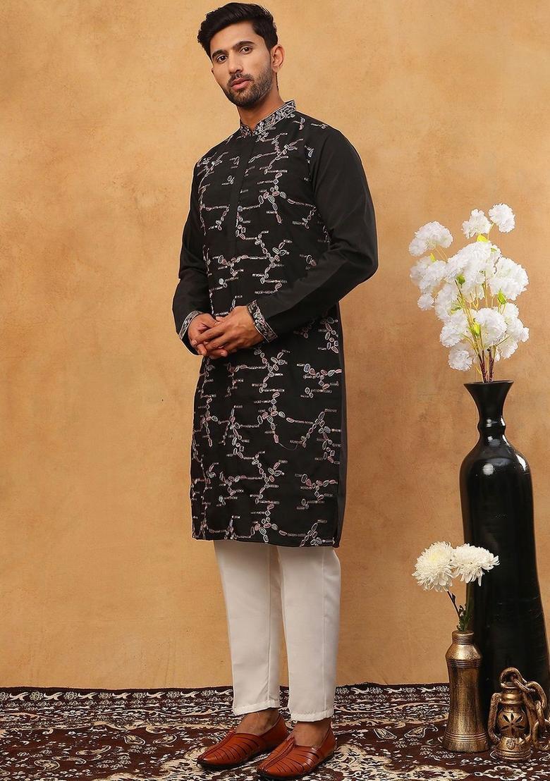 Black Printed Silk Kurta Set For Men - Indya