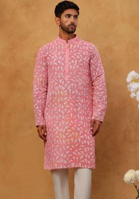 Pink Printed Viscose Kurta Set For Men