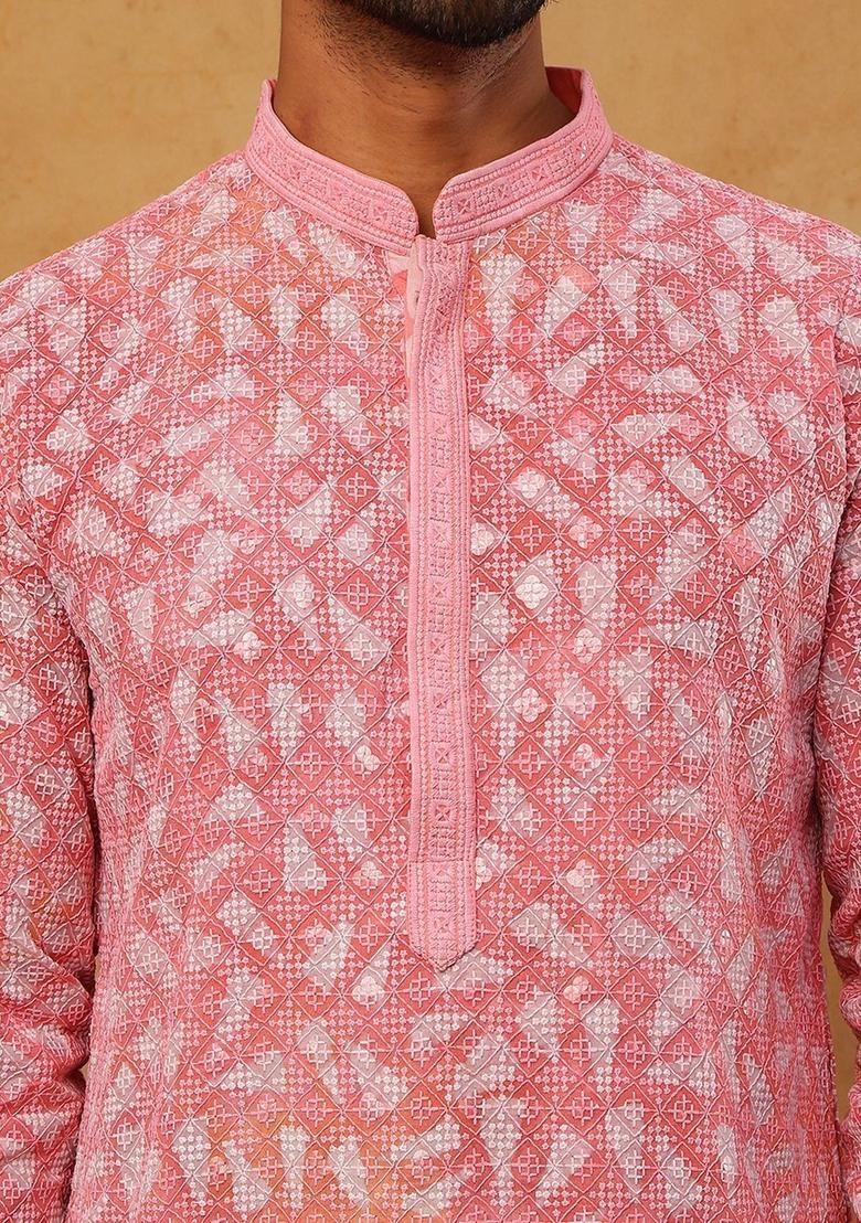 Pink Printed Viscose Kurta Set For Men - Indya