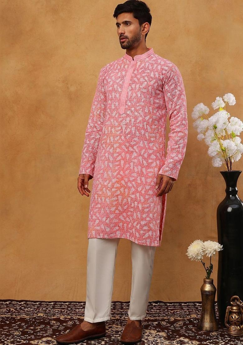 Pink Printed Viscose Kurta Set For Men - Indya