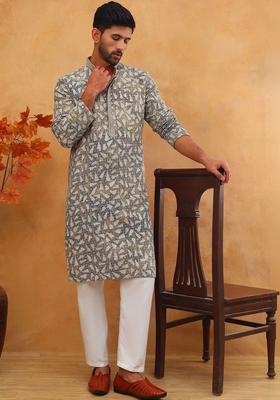 White Embroidered Viscose Kurta Set For Men