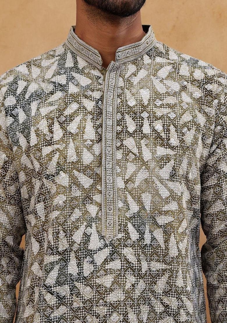 White Embroidered Viscose Kurta Set For Men - Indya